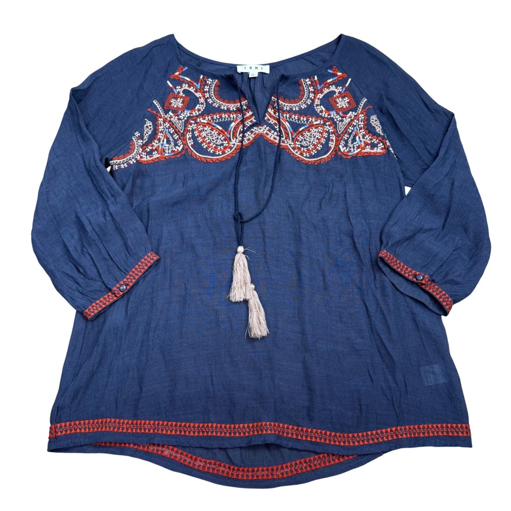 THML Embroidered Boho Tassel Blouse Women Large Peasant Hippie Casual